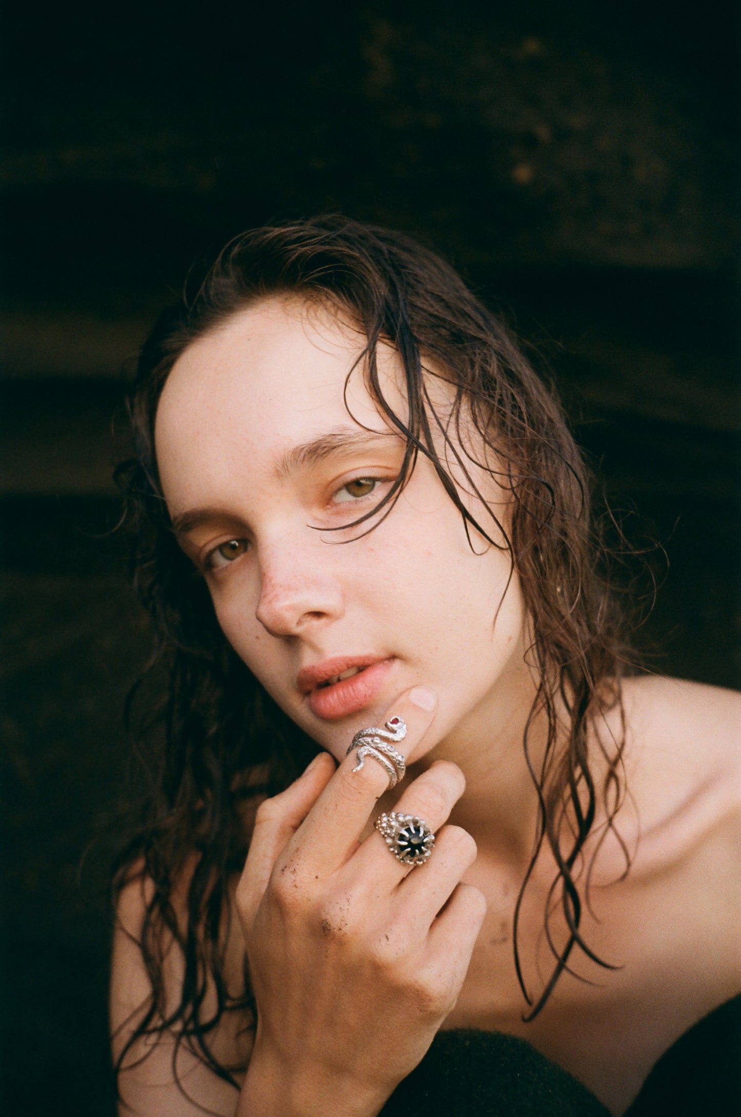 Bali Ocean Bubbles Ring with Black Onyx and Snake ring on a Model