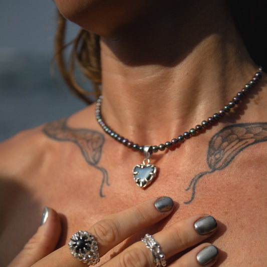 "Black Noir" pendant with Hematite and Black Pearl necklace