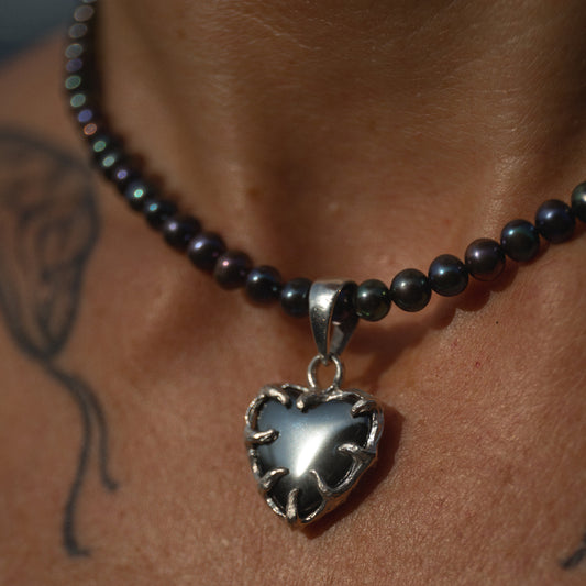 "Black Noir" pendant with Hematite and Black Pearl necklace